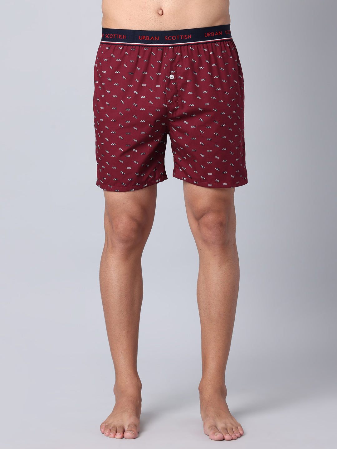 Men's Wine, 100% Cotton, Print, Regular Fit,  Outer Elastic, Mid-Rise, Boxers