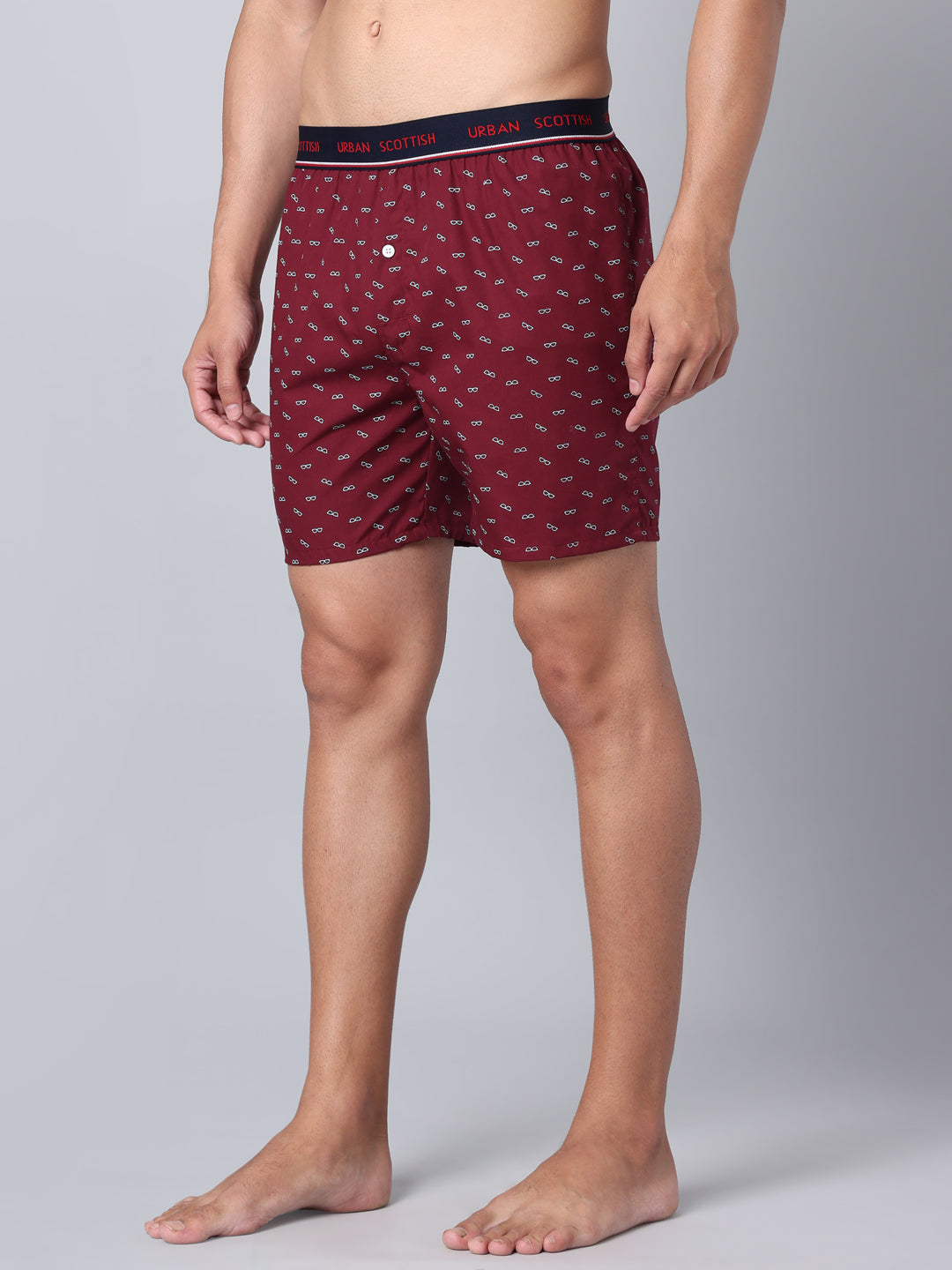 Men's Wine, 100% Cotton, Print, Regular Fit,  Outer Elastic, Mid-Rise, Boxers