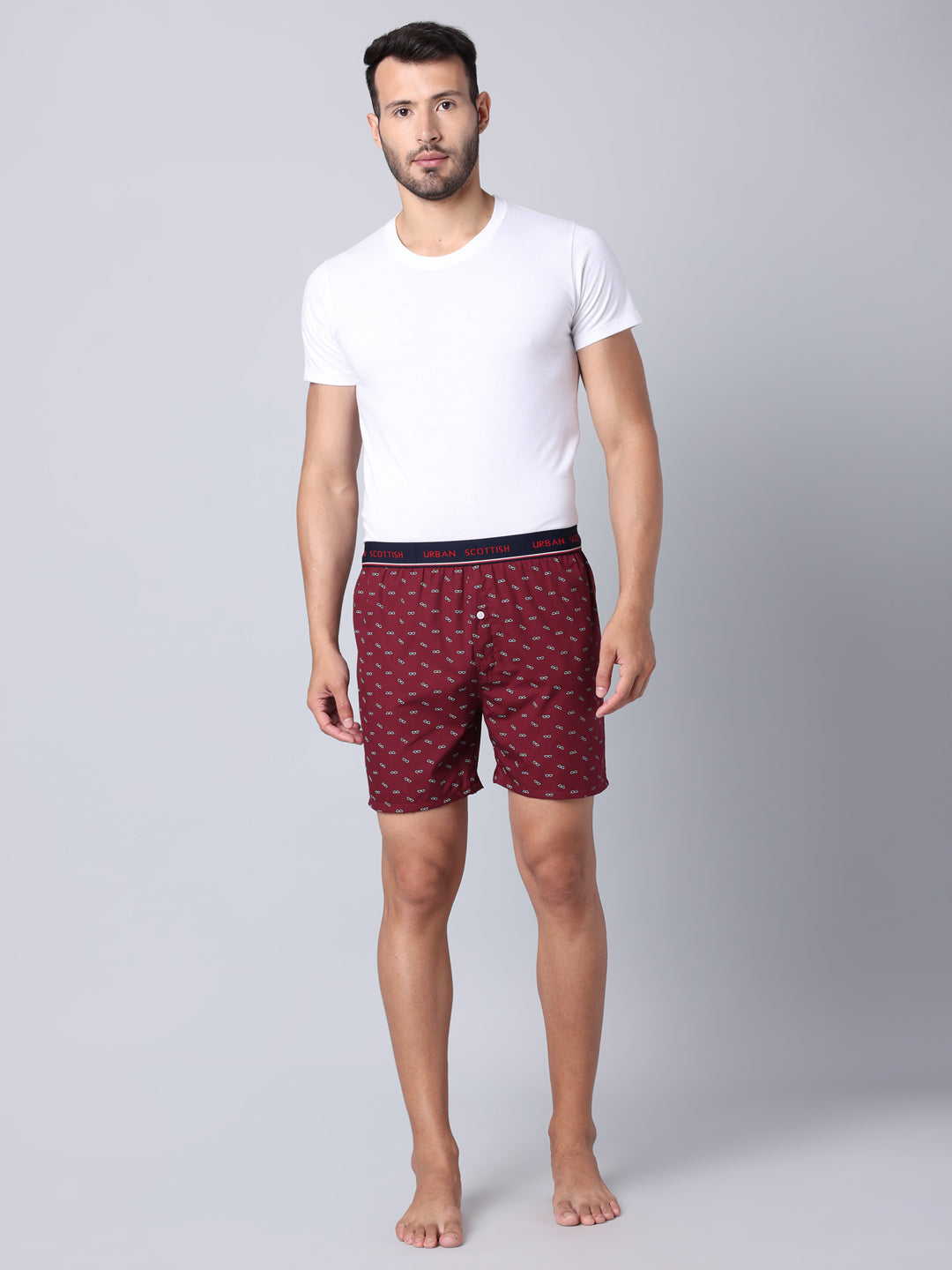 Men's Wine, 100% Cotton, Print, Regular Fit,  Outer Elastic, Mid-Rise, Boxers