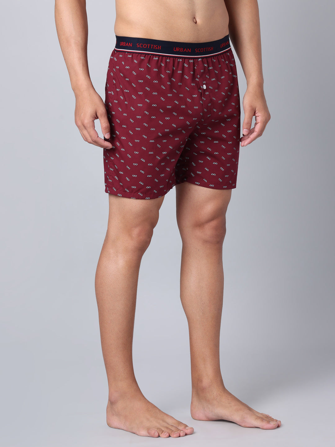 Men's Wine, 100% Cotton, Print, Regular Fit,  Outer Elastic, Mid-Rise, Boxers