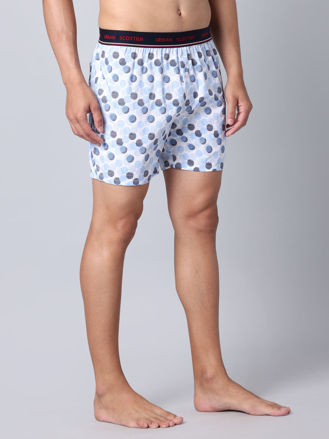 Men's Blue, 100% Cotton, Print, Regular Fit,  Outer Elastic, Mid-Rise, Boxers