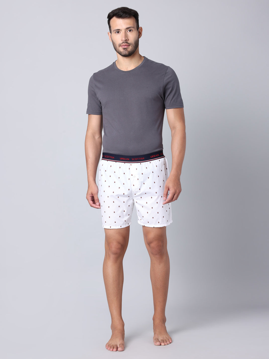 Men's White, 100% Cotton, Print, Regular Fit,  Outer Elastic, Mid-Rise, Boxers