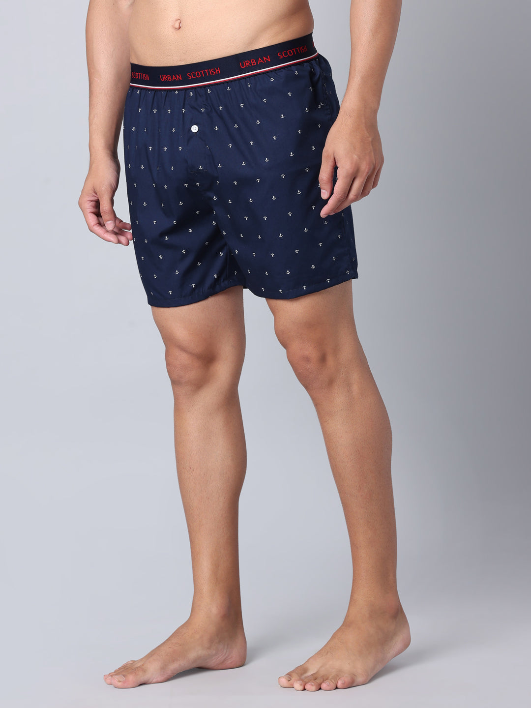 Men's Navy, 100% Cotton, Print, Regular Fit,  Outer Elastic, Mid-Rise, Boxers