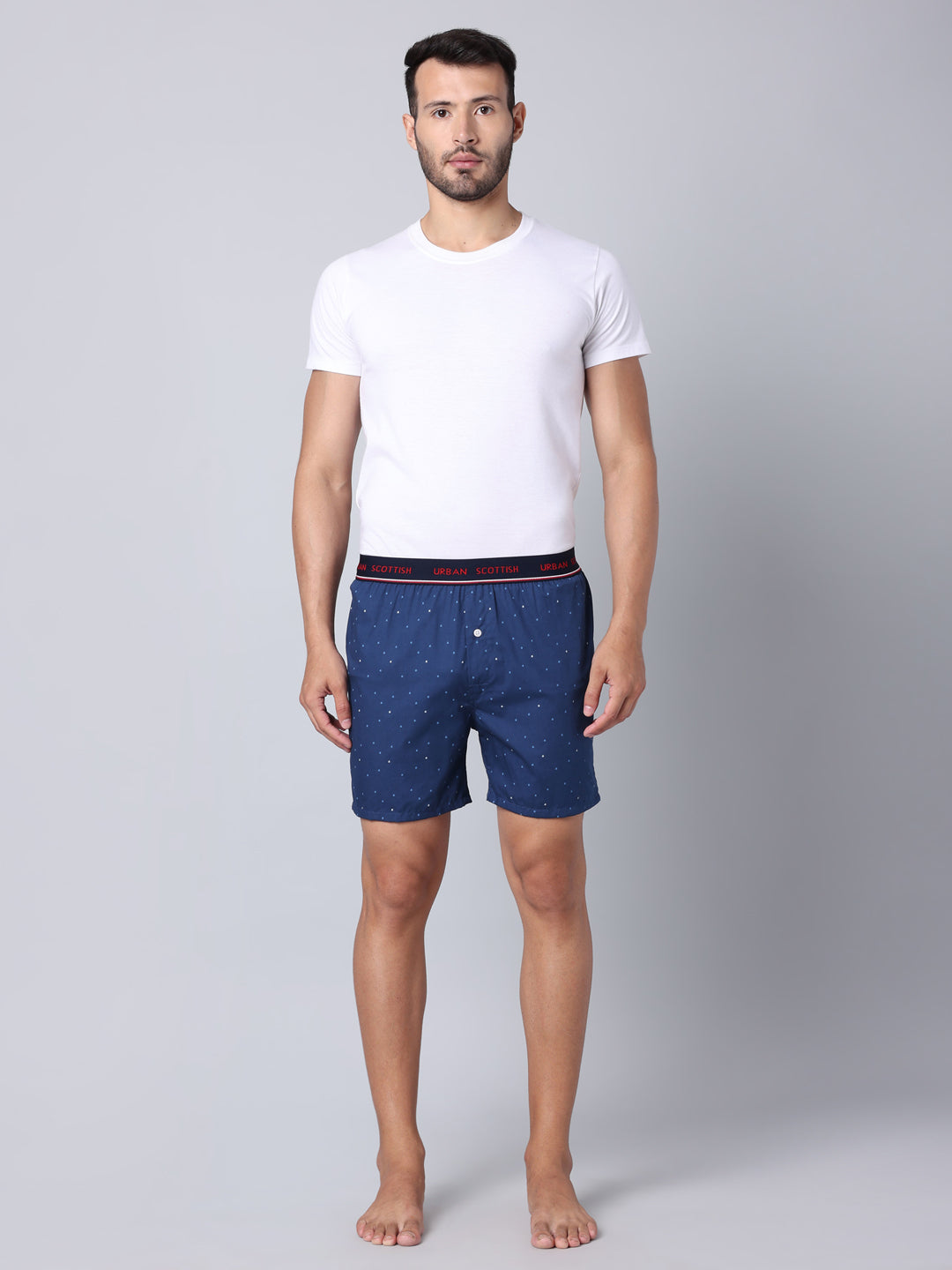 Men's Navy, 100% Cotton, Print, Regular Fit,  Outer Elastic, Mid-Rise, Boxers