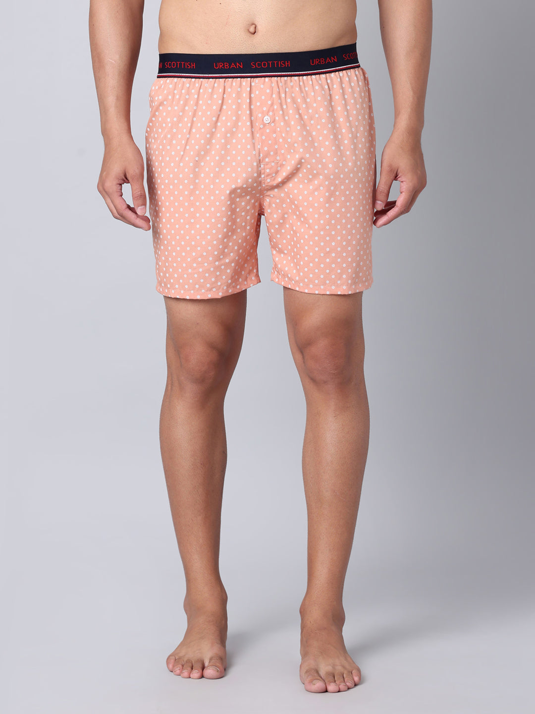 Men's Peach, 100% Cotton, Print, Regular Fit,  Outer Elastic, Mid-Rise, Boxers