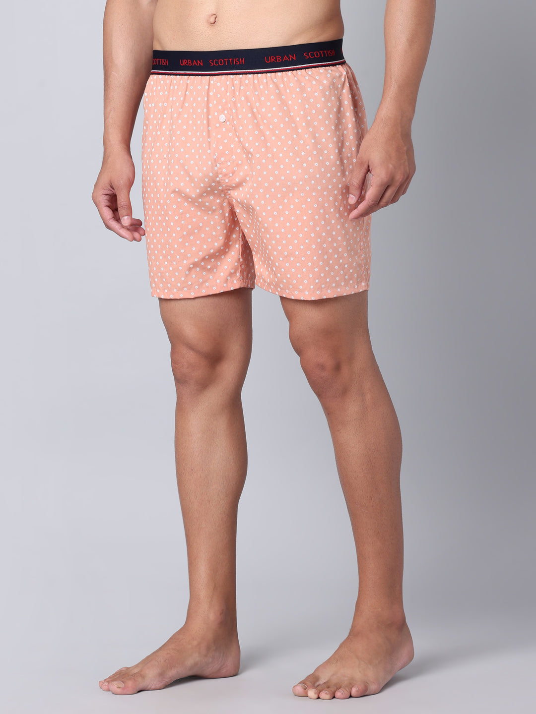 Men's Peach, 100% Cotton, Print, Regular Fit,  Outer Elastic, Mid-Rise, Boxers