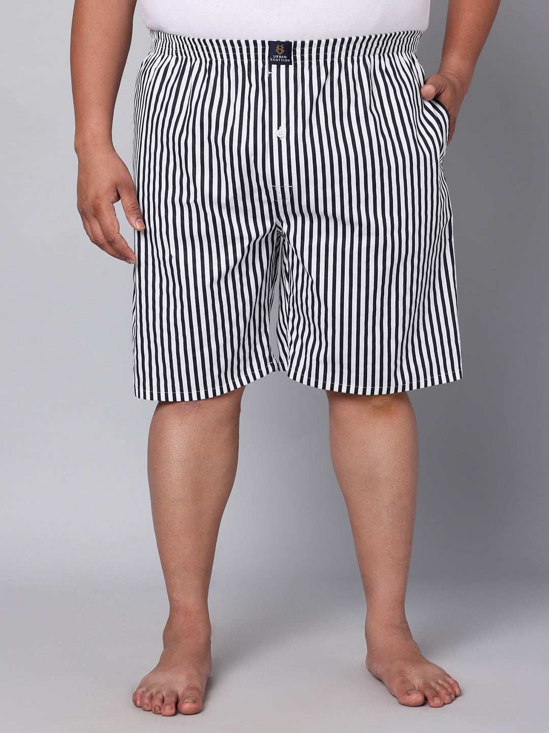 Men's Black/White, 100% Cotton, Stripe Print, Regular Fit, Inner Elastic, Mid-Rise, Boxers