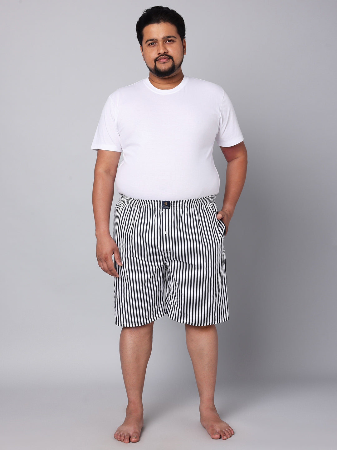Men's Black/White, 100% Cotton, Stripe Print, Regular Fit, Inner Elastic, Mid-Rise, Boxers