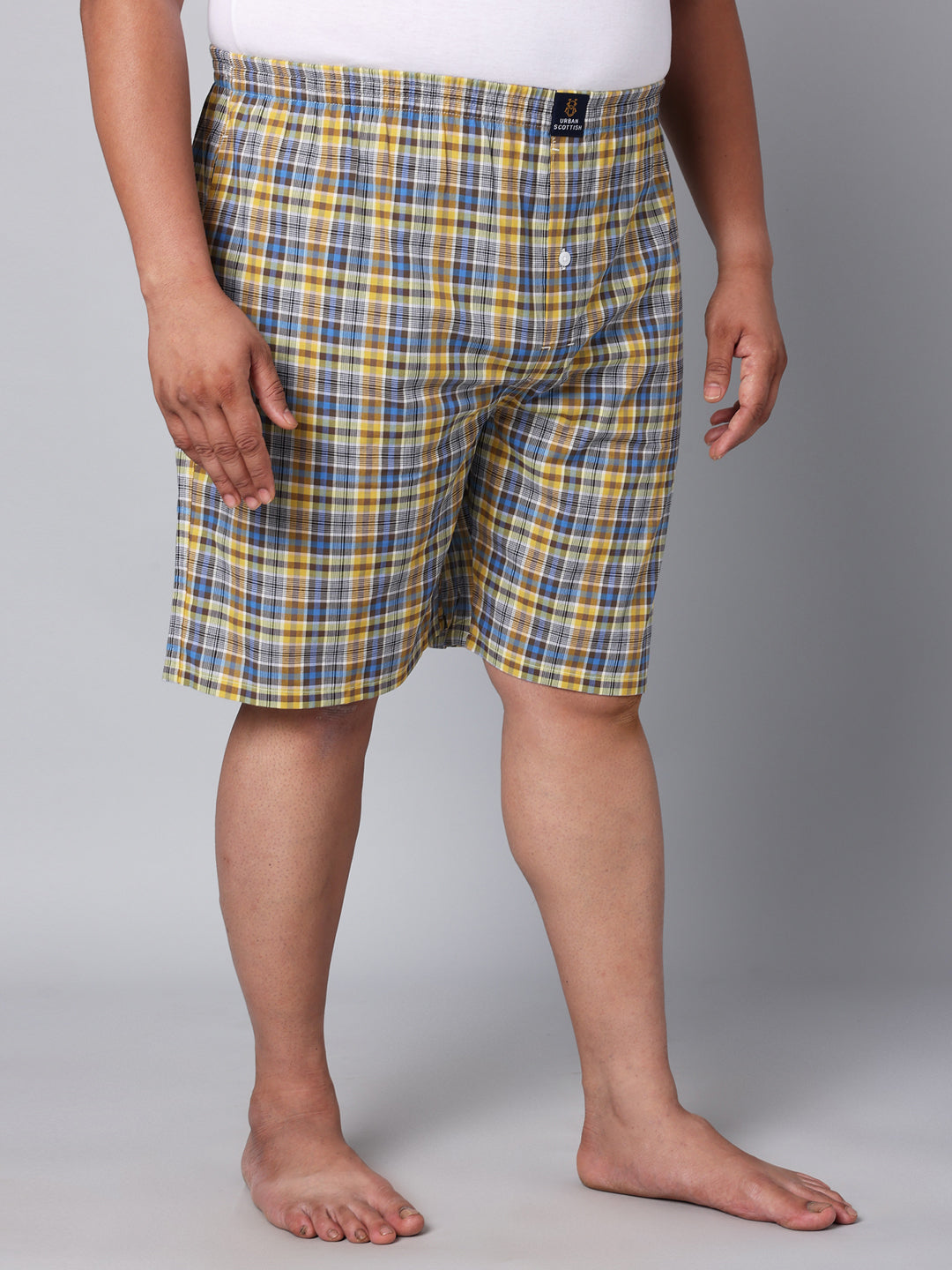 Men's Blue/Yellow, 100% Cotton, Checks, Regular Fit, Inner Elastic, Mid-Rise, Boxers