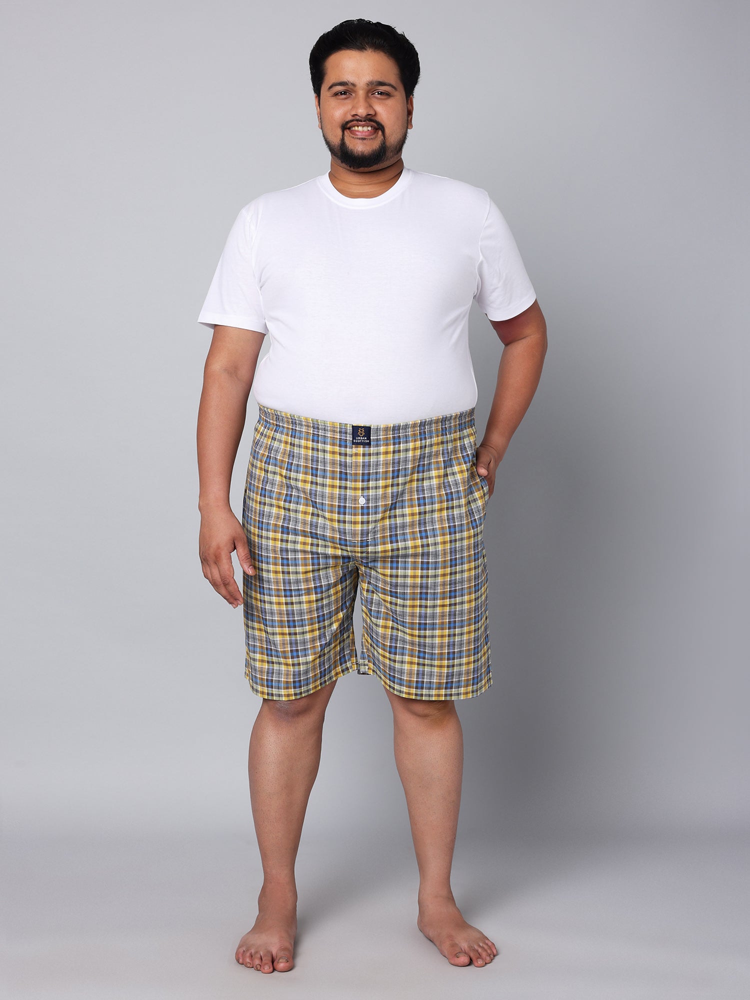 Men's Blue/Yellow, 100% Cotton, Checks, Regular Fit, Inner Elastic, Mid-Rise, Boxers