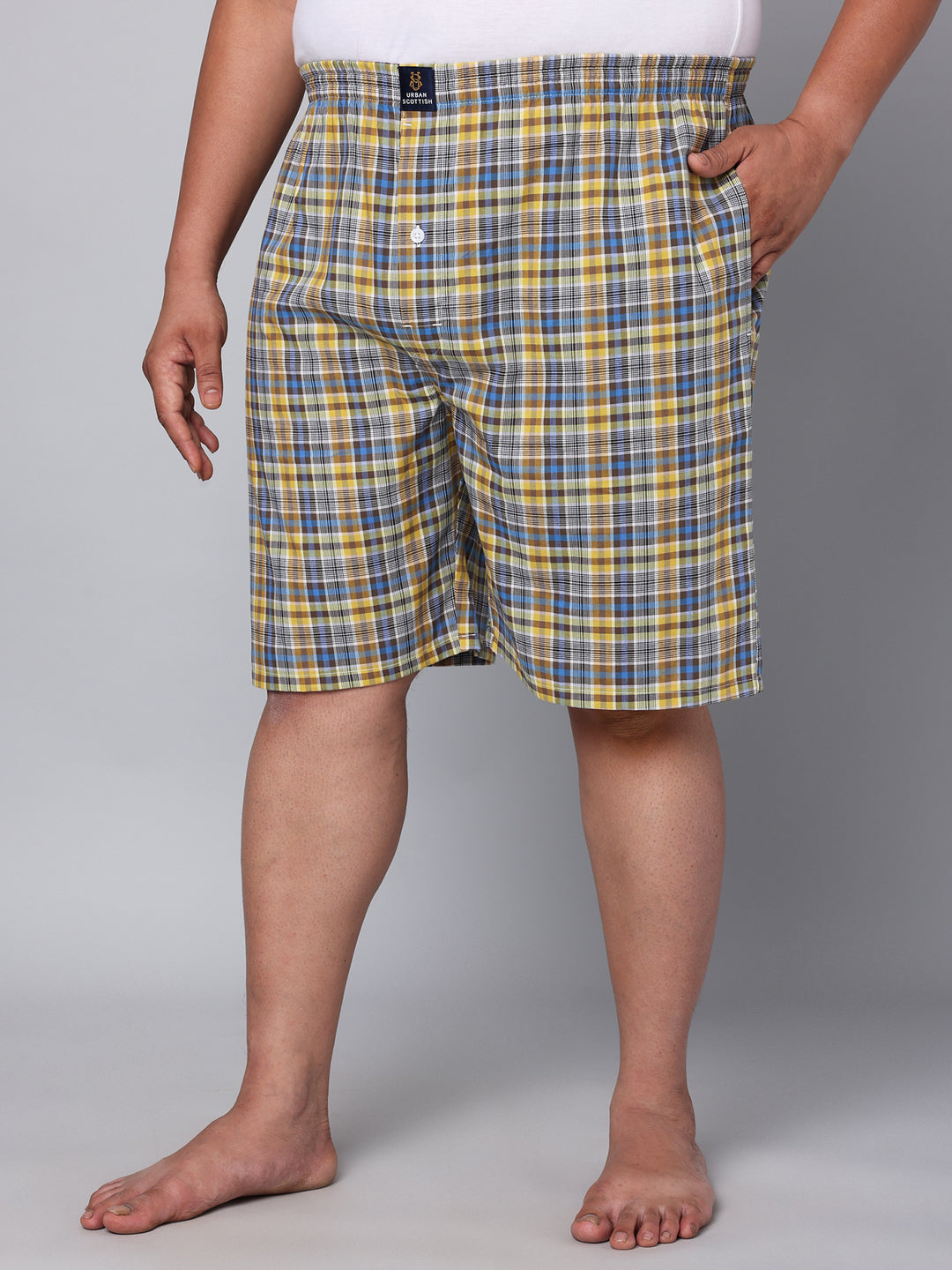 Men's Blue/Yellow, 100% Cotton, Checks, Regular Fit, Inner Elastic, Mid-Rise, Boxers