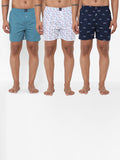 Men's Multicolor, 100% Cotton, Printed, Regular Fit, Inner Elastic, Mid-Rise, Boxers - Pack of 3