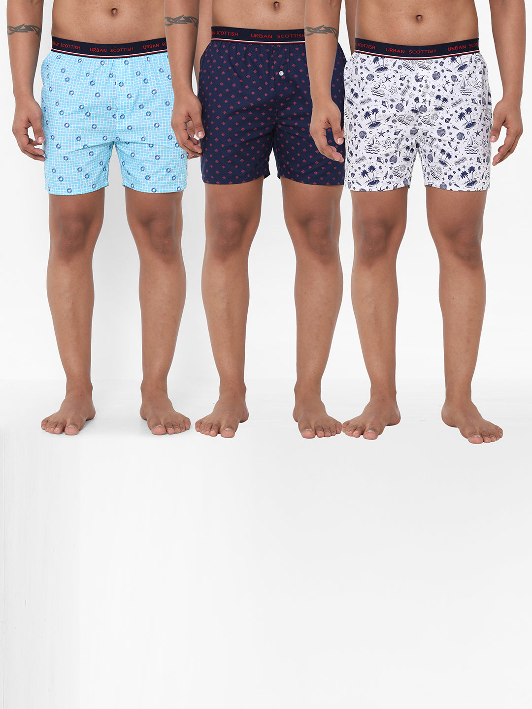 Men's Multicolor, 100% Cotton, Printed, Regular Fit, Outer Elastic, Mid-Rise, Boxers - Pack of 3