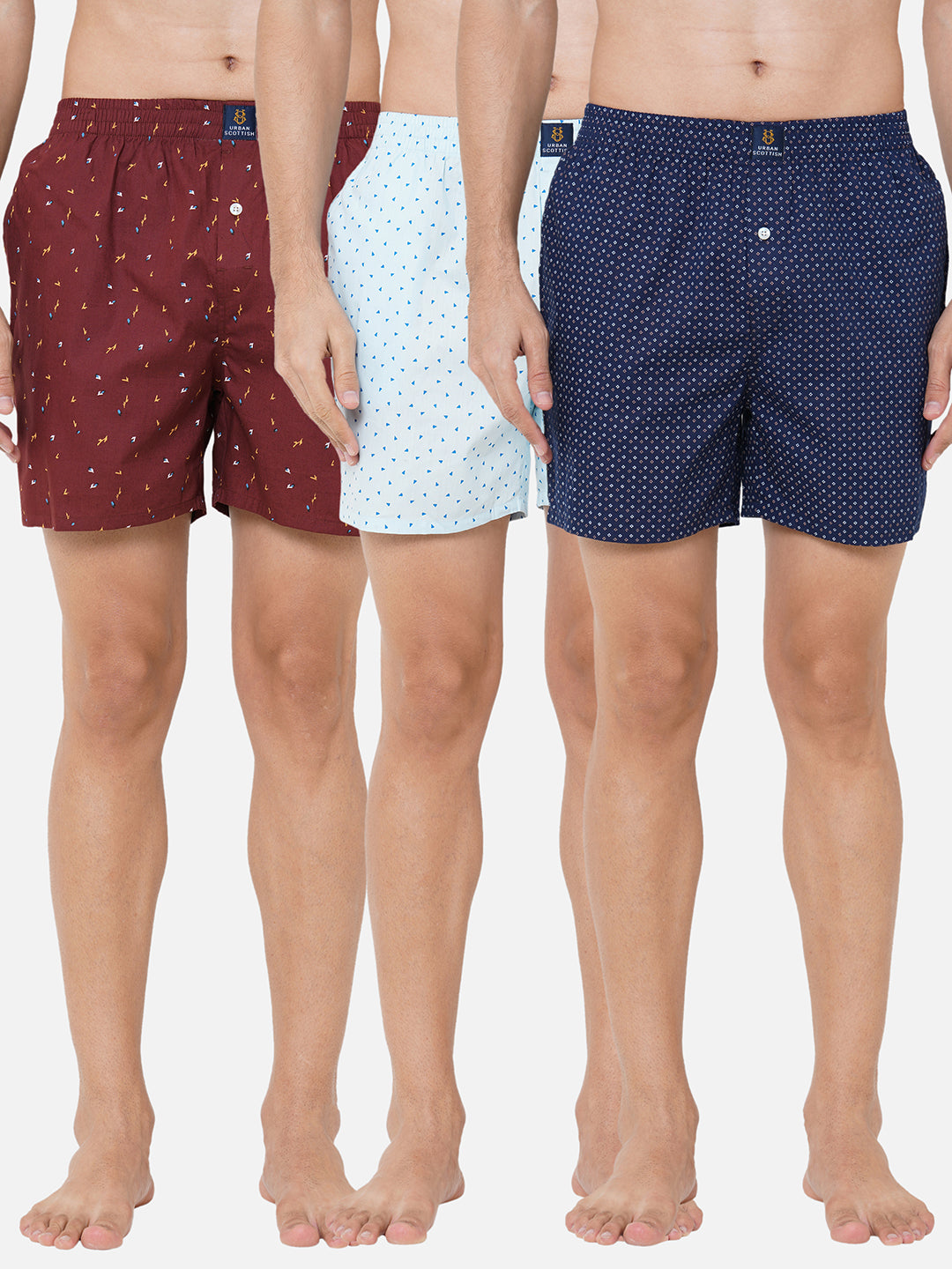 Men's Multicolor, 100% Cotton, Printed, Regular Fit, Inner Elastic, Mid-Rise, Boxers - Pack of 3