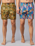 Men's Multicolor, 100% Cotton, Printed, Regular Fit, Inner Elastic, Mid-Rise, Boxers- Pack of 2