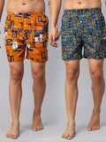 Men's Multicolor, 100% Cotton, Printed, Regular Fit, Inner Elastic, Mid-Rise, Boxers- Pack of 2