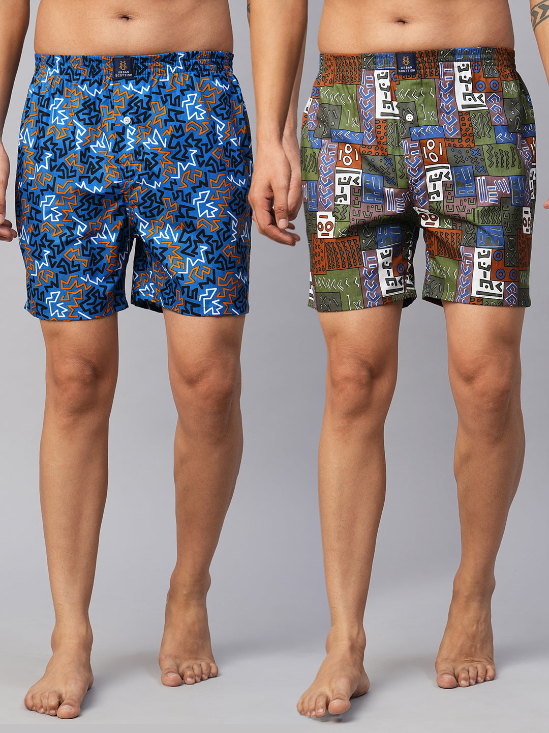 Men's Multicolor, 100% Cotton, Printed, Regular Fit, Inner Elastic, Mid-Rise, Boxers- Pack of 2