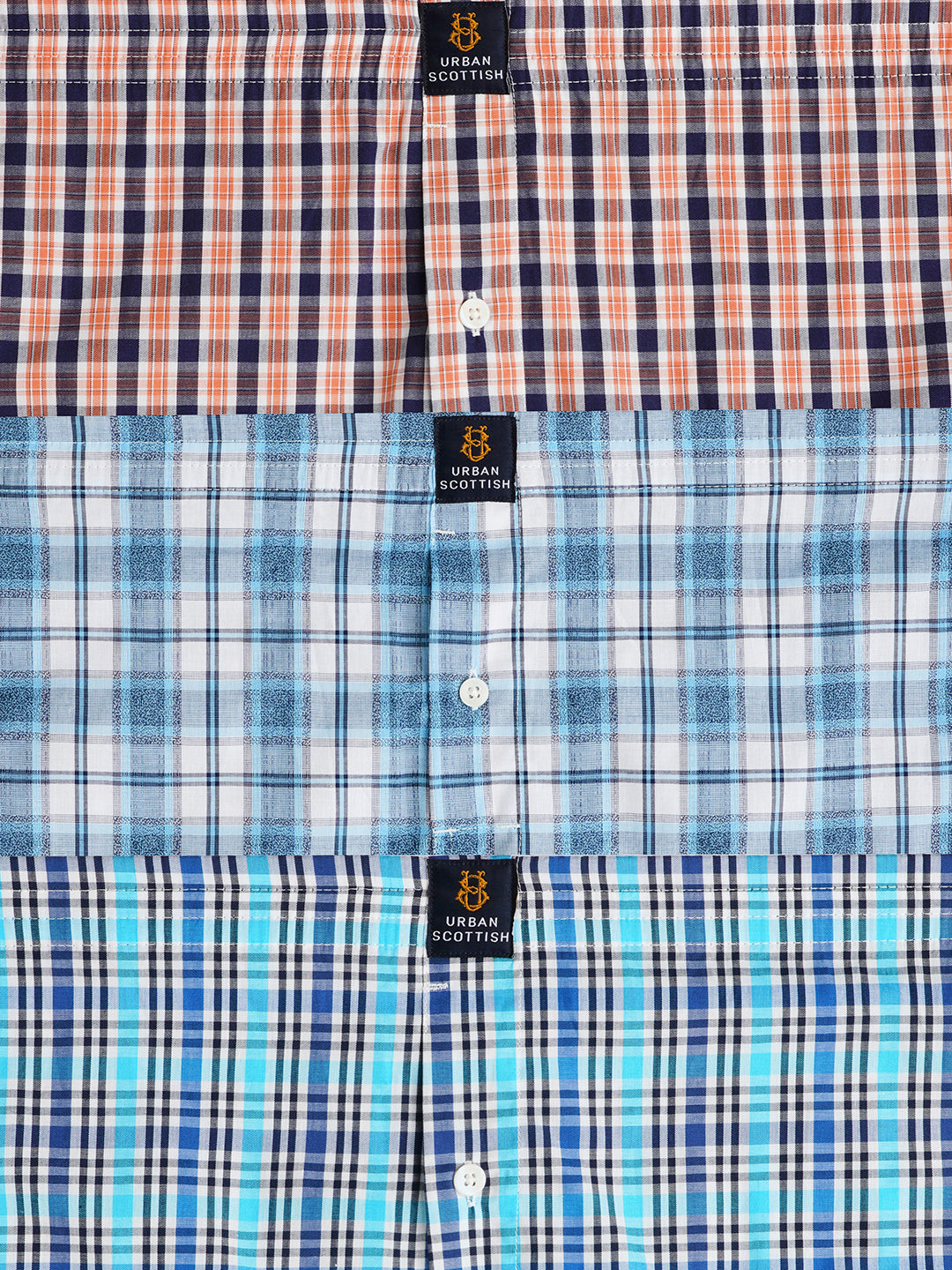 Men's Multicolor, 100% Cotton, Checks, Regular Fit, Inner Elastic, Mid-Rise, Boxers- Pack of 3