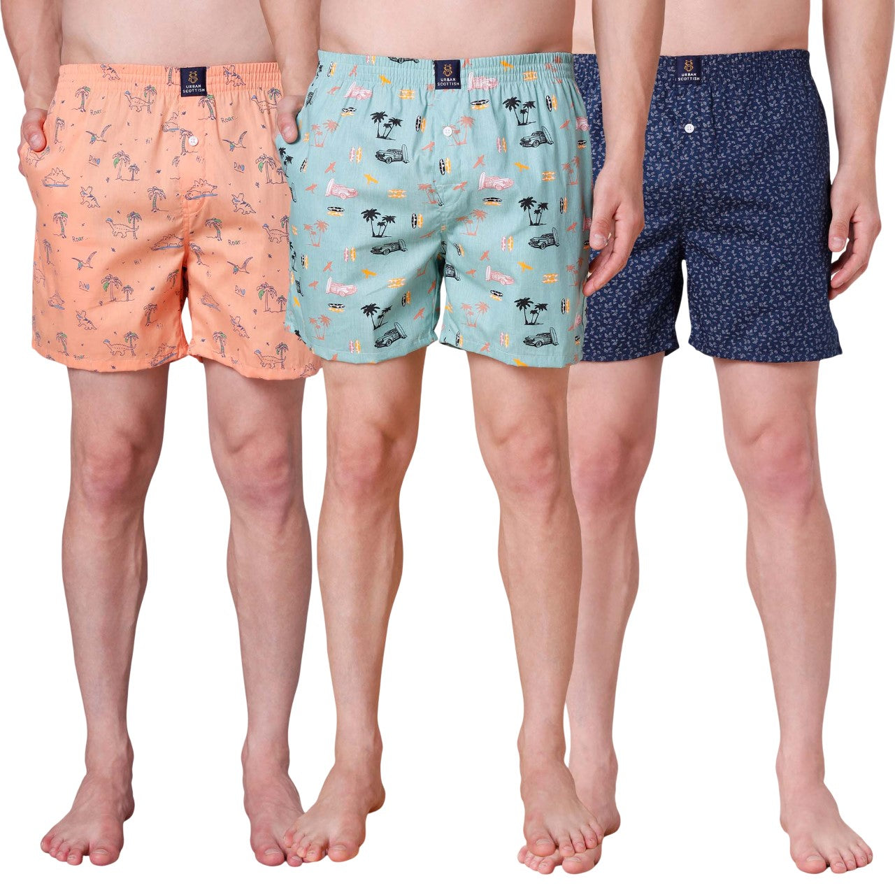 Men's Multicolor, 100% Cotton, printed, Regular Fit,  Inner Elastic, Mid-Rise, Boxers- Pack of 3