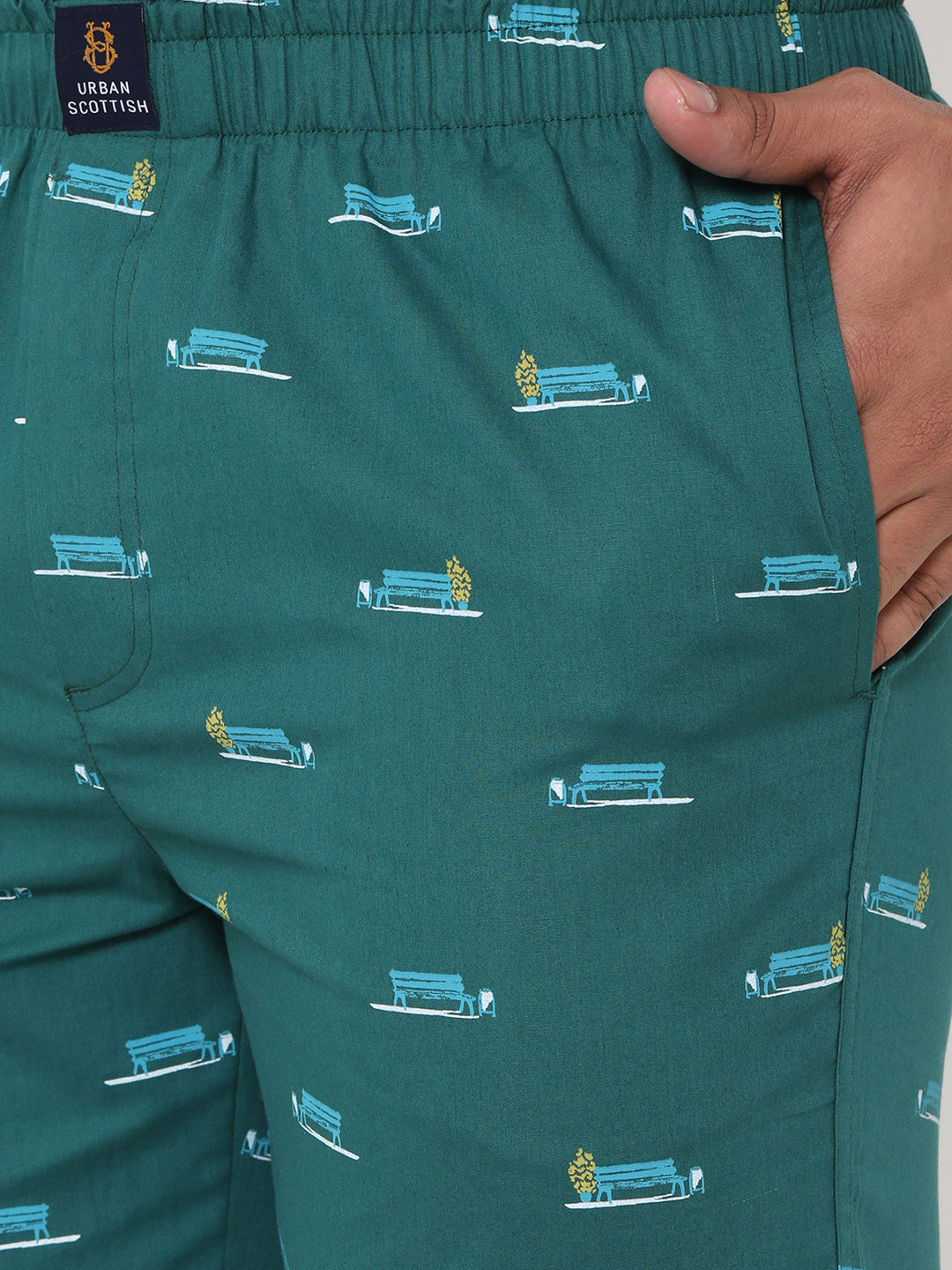 Men's Printed, Green, Cotton, Printed, Elasticated, Waistband, Pyjama  With Side Pockets