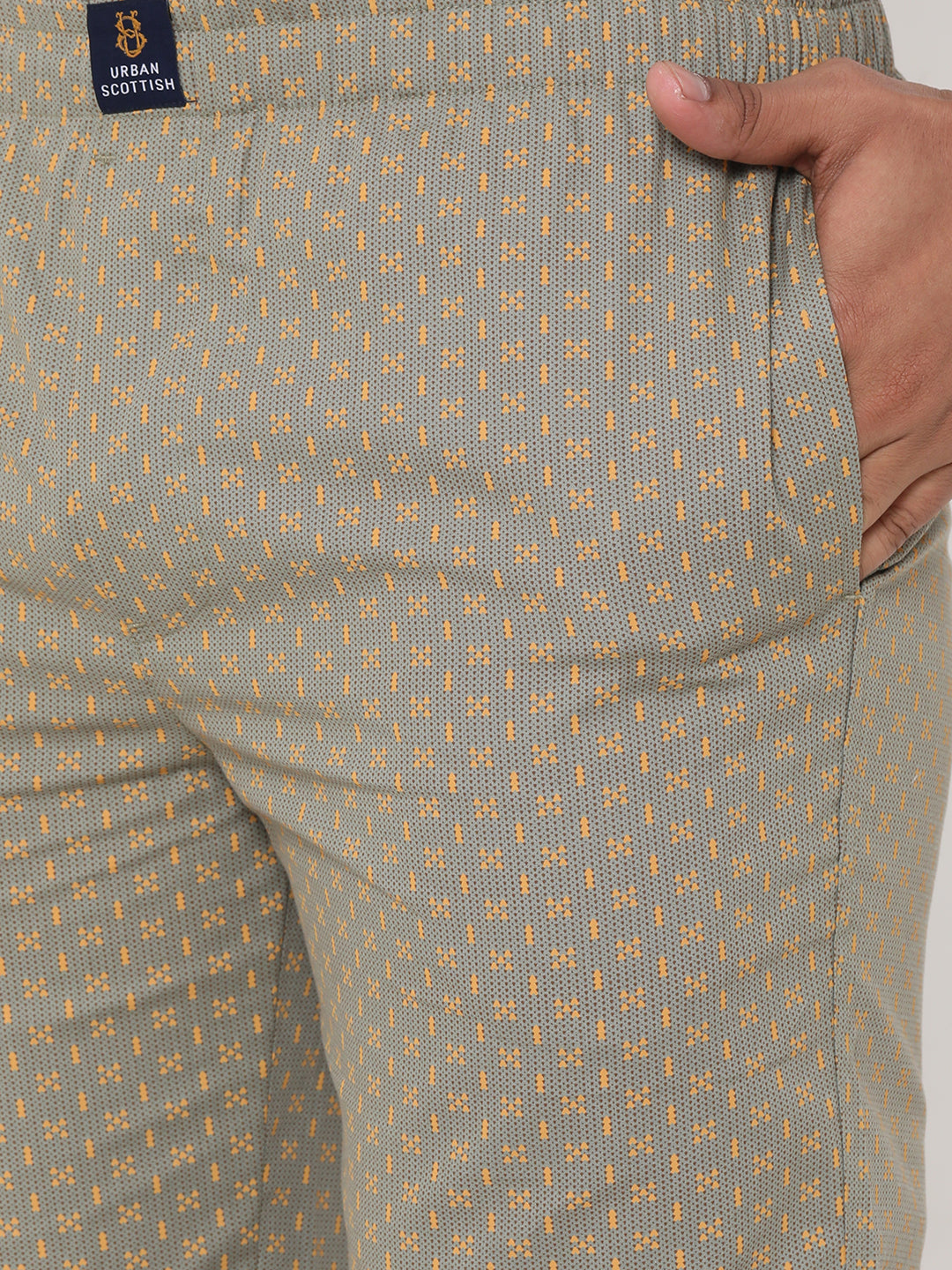 Men's Printed, Beige, Cotton, Printed, Elasticated, Waistband, Pyjama  With Side Pockets