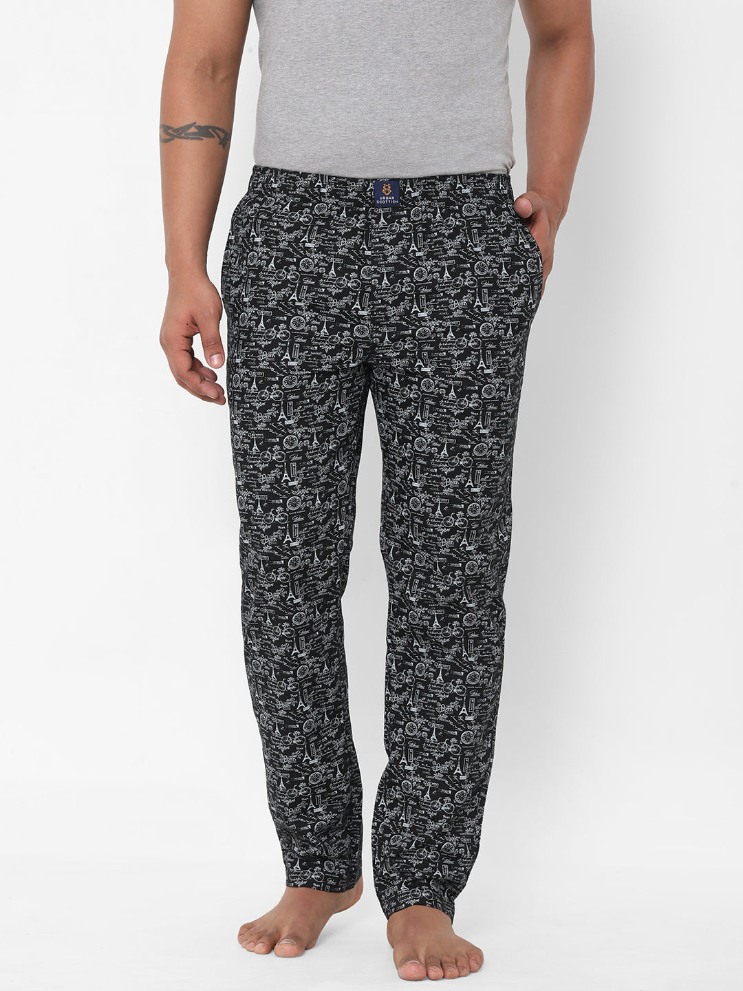 Men's Printed, Black, Cotton, Printed, Elasticated, Waistband, Pyjama  With Side Pockets