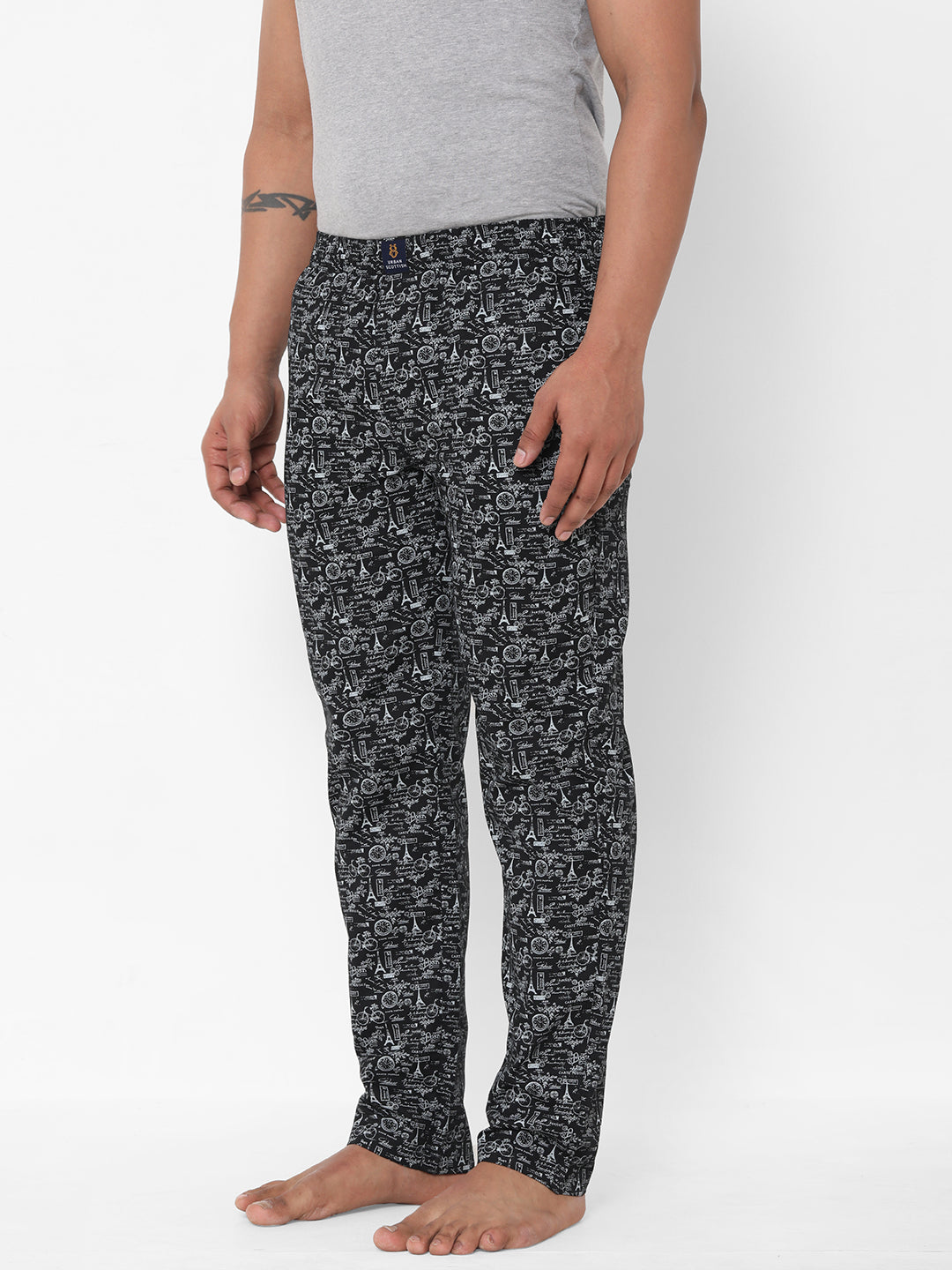 Men's Printed, Black, Cotton, Printed, Elasticated, Waistband, Pyjama  With Side Pockets