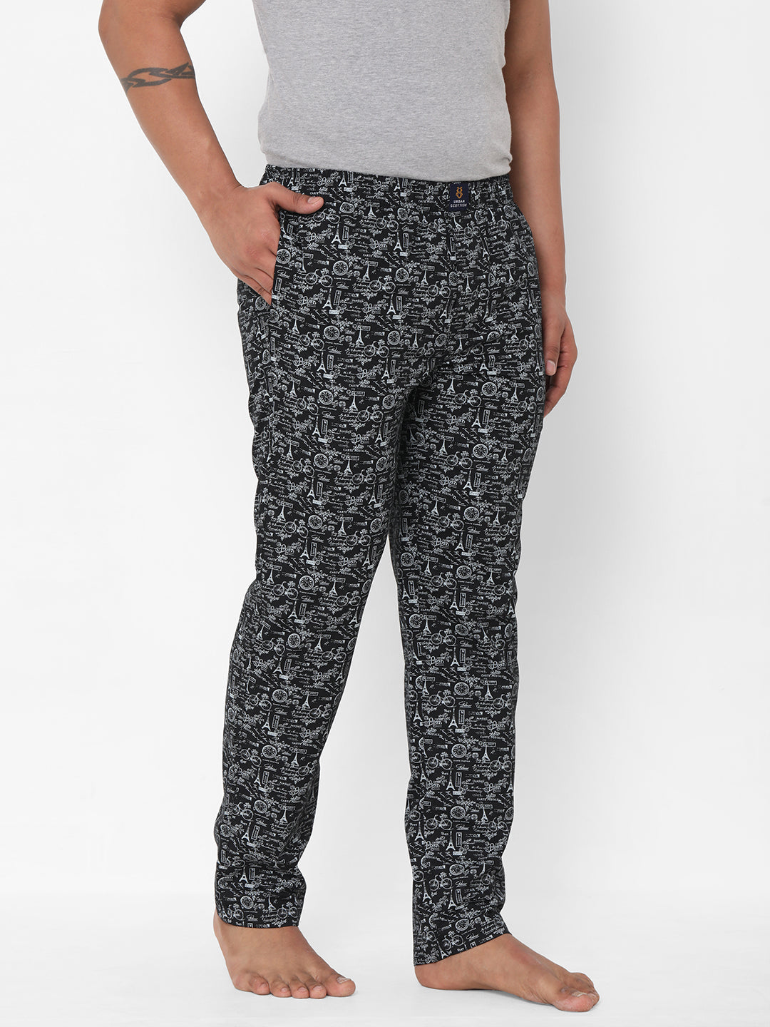 Men's Printed, Black, Cotton, Printed, Elasticated, Waistband, Pyjama  With Side Pockets