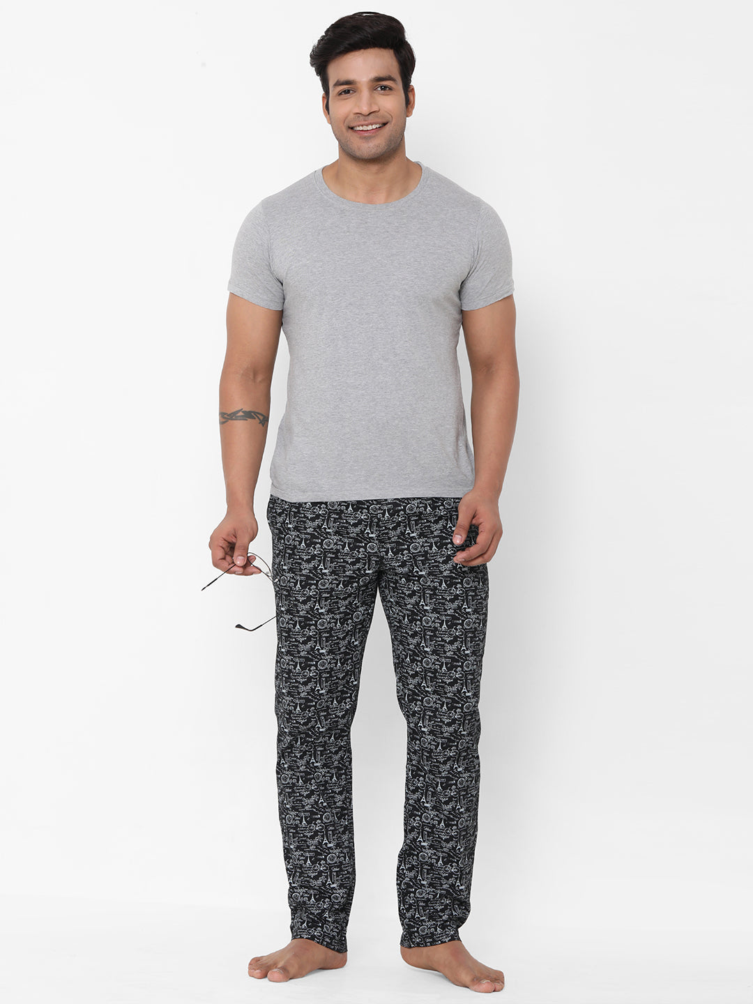 Men's Printed, Black, Cotton, Printed, Elasticated, Waistband, Pyjama  With Side Pockets