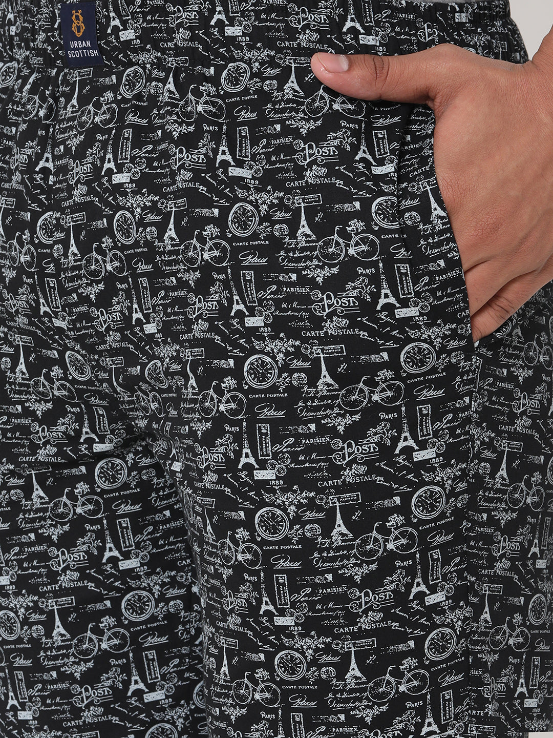 Men's Printed, Black, Cotton, Printed, Elasticated, Waistband, Pyjama  With Side Pockets