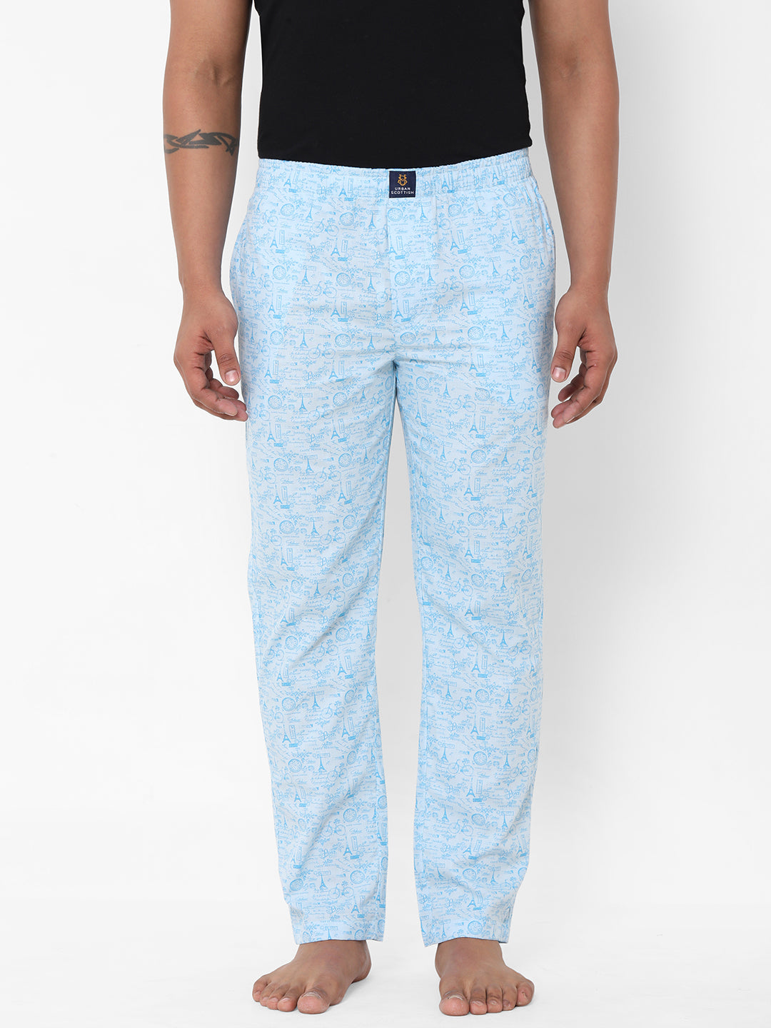 Men's Printed, Blue, Cotton, Printed, Elasticated, Waistband, Pyjama  With Side Pockets