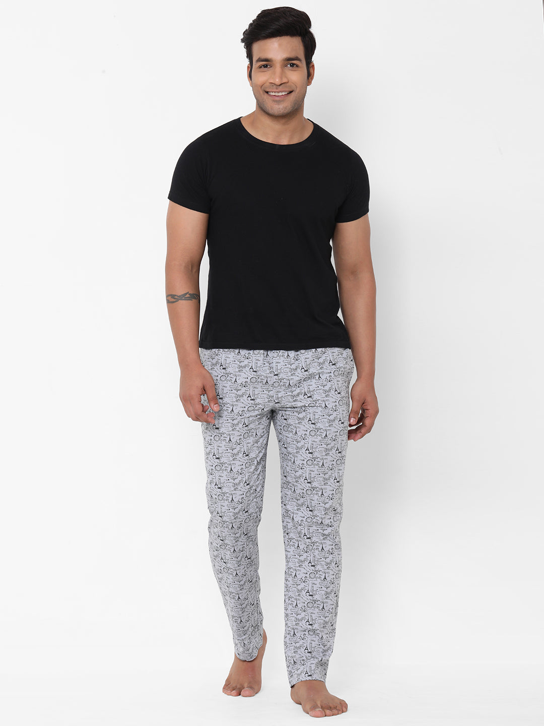 Men's Printed, Grey & Black, Cotton, Printed, Elasticated, Waistband, Pyjama  With Side Pockets