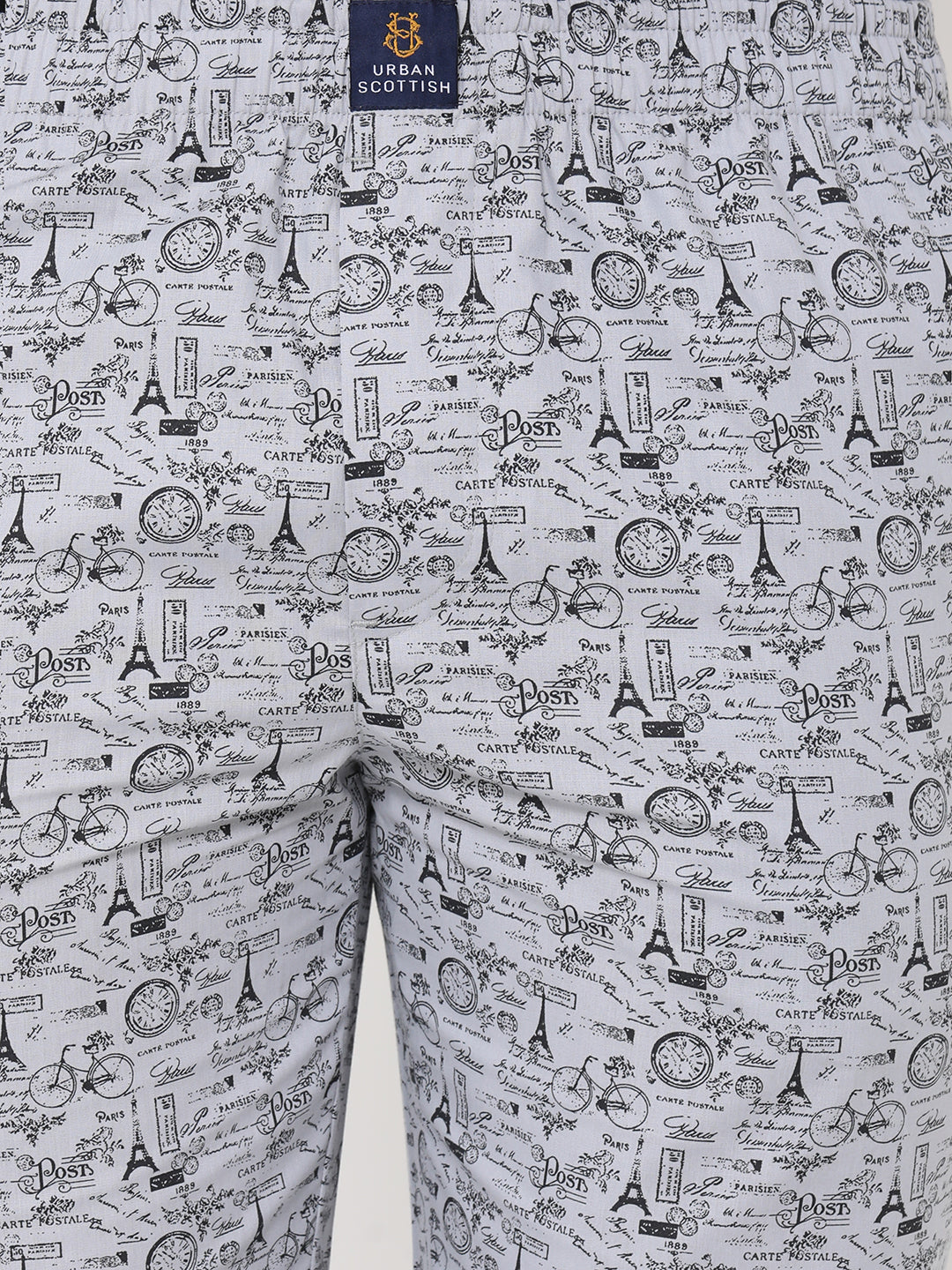 Men's Printed, Grey & Black, Cotton, Printed, Elasticated, Waistband, Pyjama  With Side Pockets