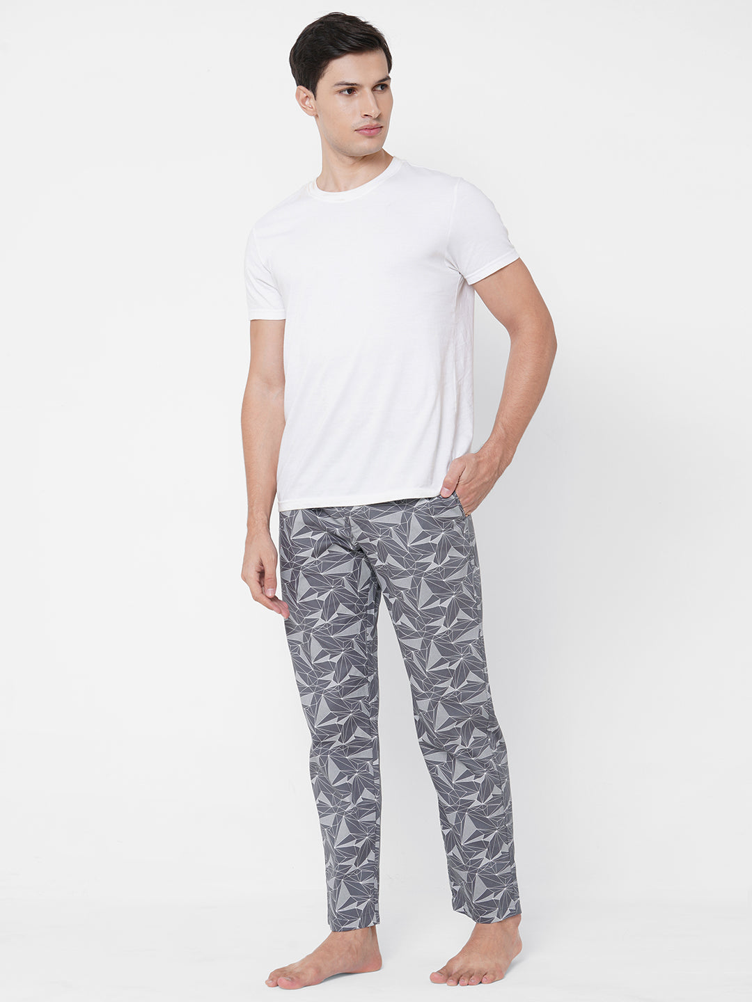 Men's Printed Grey Cotton Pyjama With Side Pockets