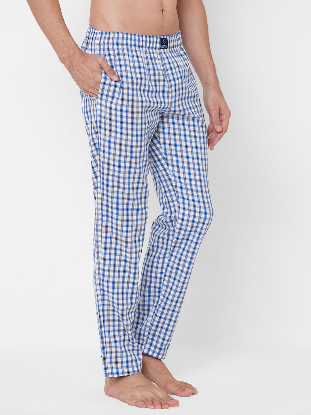 Men's Checkered, Blue, Cotton, Cotton, Elasticated, Waistband, Pyjama  With Side Pockets