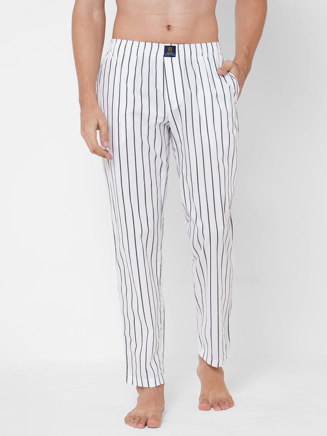 Men's Striped, White, Cotton, Cotton, Elasticated, Waistband, Pyjama  With Side Pockets