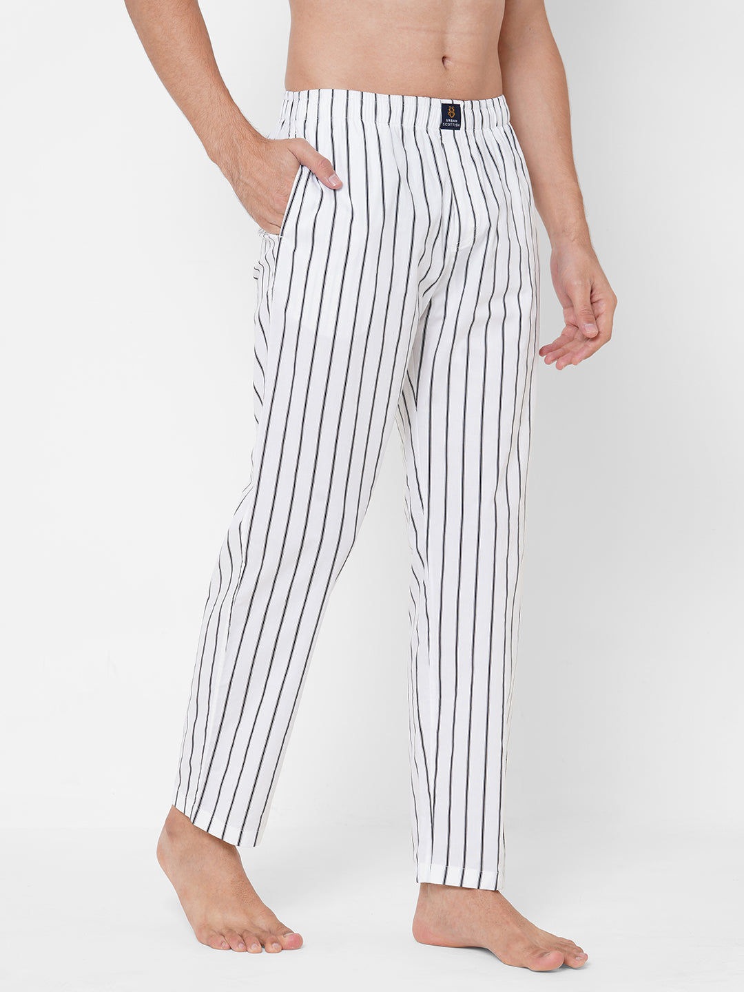 Men's Striped, White, Cotton, Cotton, Elasticated, Waistband, Pyjama  With Side Pockets