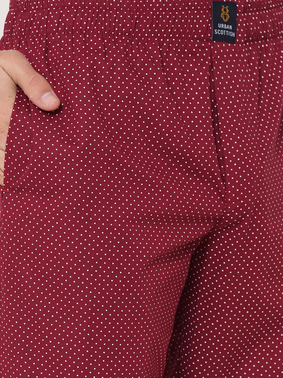 Men's Polka Print, Wine, Cotton, Regular Fit, Elasticated, Waistband, Pyjama  With Side Pockets