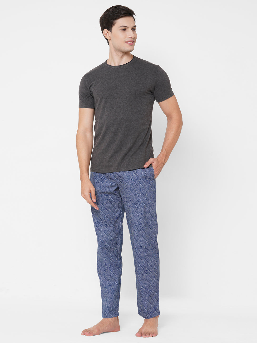 Men's Printed, Blue, Cotton, Regular Fit, Elasticated, Waistband, Pyjama  With Side Pockets