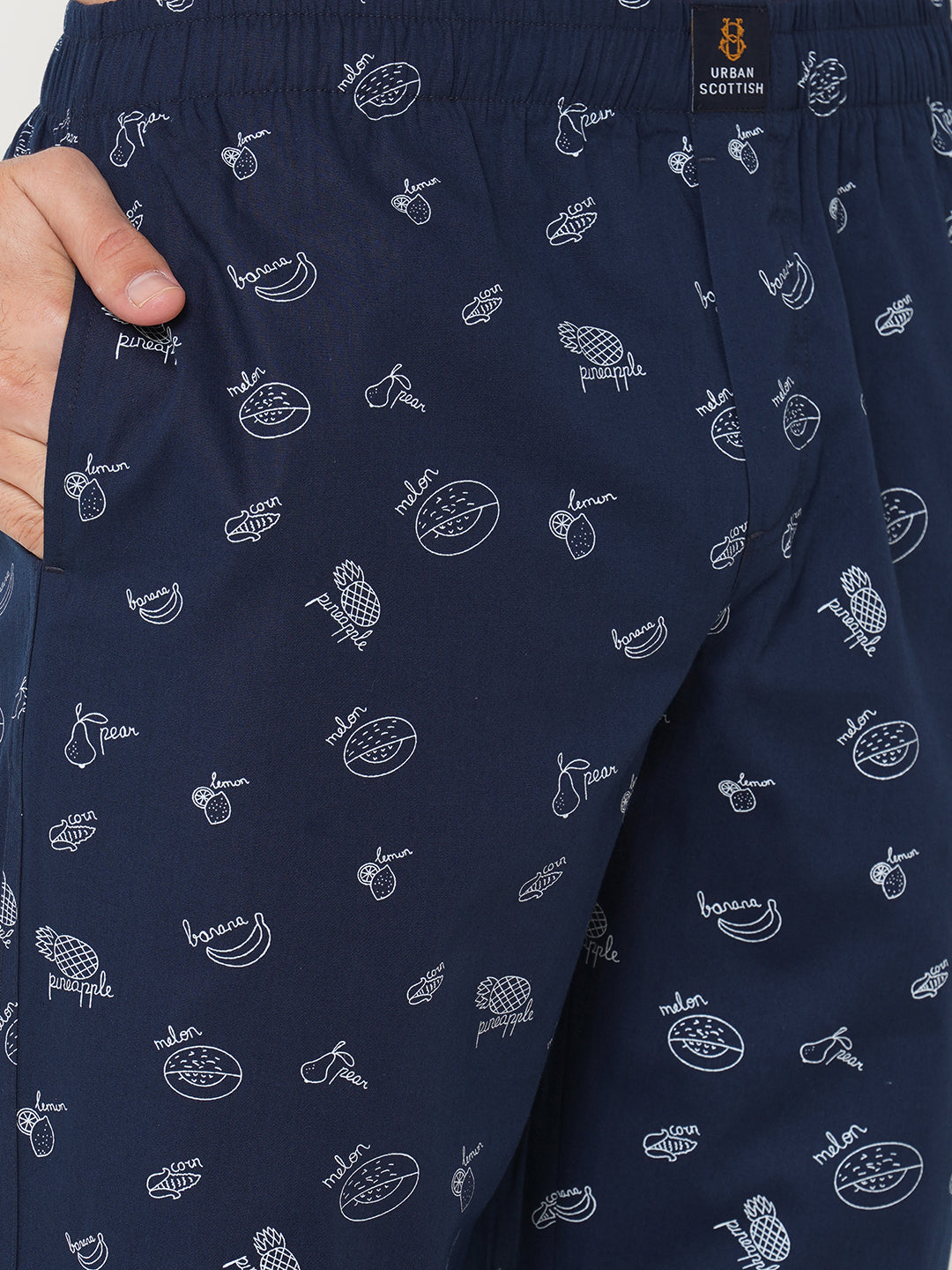 Men's Printed, Navy, Cotton, Regular Fit, Elasticated, Waistband, Pyjama  With Side Pockets