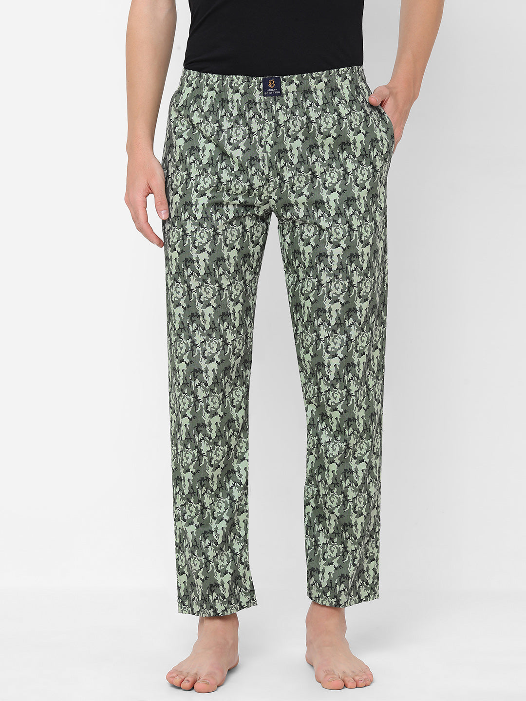 Men's Printed, Green, Cotton, Regular Fit, Elasticated, Waistband, Pyjama  With Side Pockets