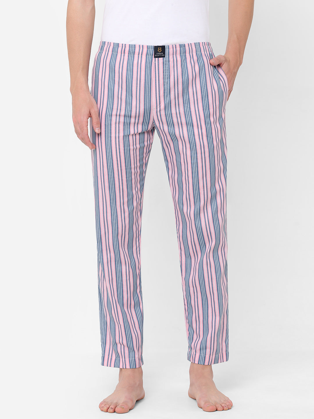 Men's Striped, Pink, Cotton, Regular Fit, Elasticated, Waistband, Pyjama  With Side Pockets