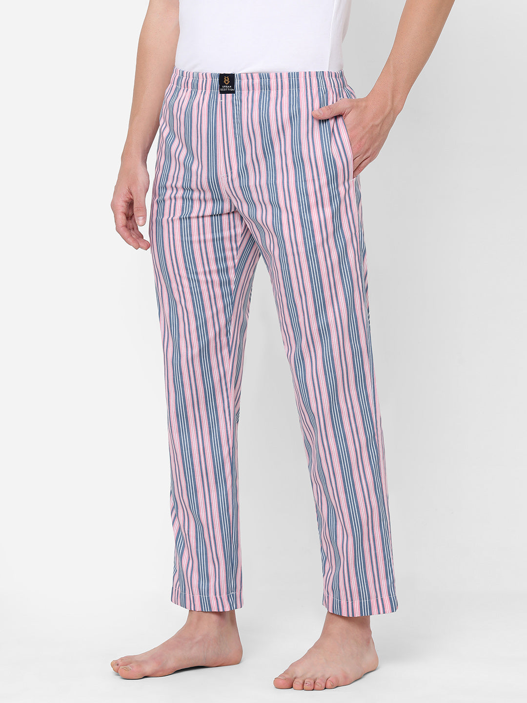 Men's Striped, Pink, Cotton, Regular Fit, Elasticated, Waistband, Pyjama  With Side Pockets