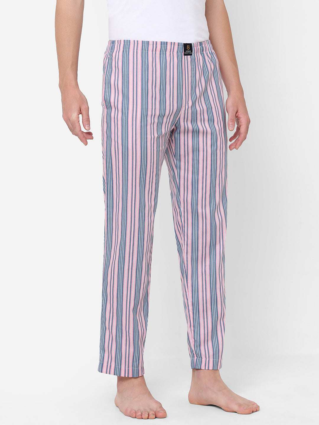 Men's Striped, Pink, Cotton, Regular Fit, Elasticated, Waistband, Pyjama  With Side Pockets