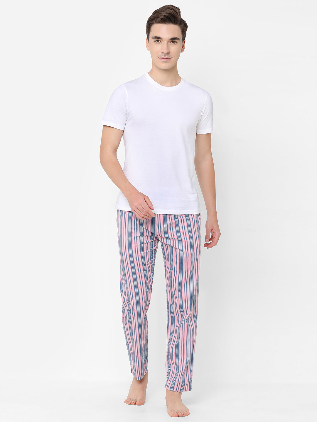 Men's Striped, Pink, Cotton, Regular Fit, Elasticated, Waistband, Pyjama  With Side Pockets