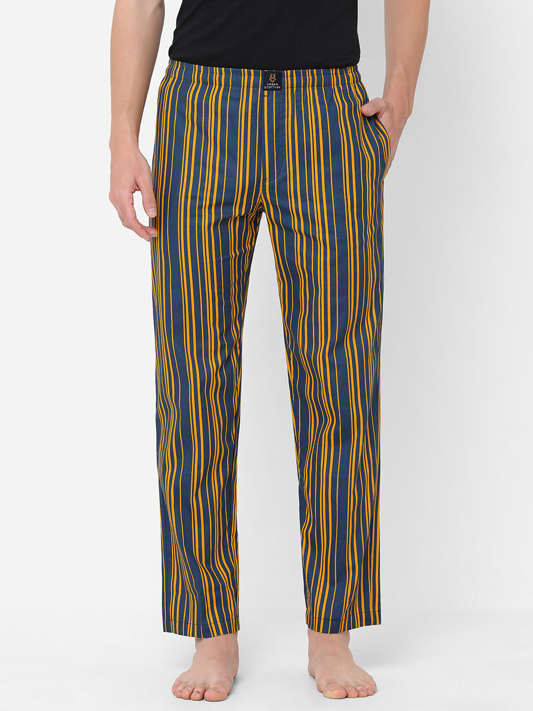 Men's Striped, Yellow, Cotton, Regular Fit, Elasticated, Waistband, Pyjama  With Side Pockets