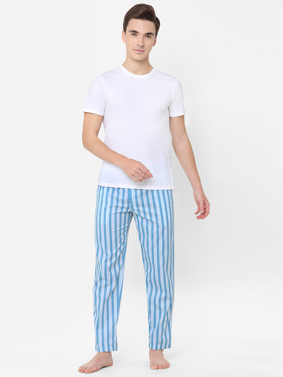 Men's Striped, Blue, Cotton, Regular Fit, Elasticated, Waistband, Pyjama  With Side Pockets