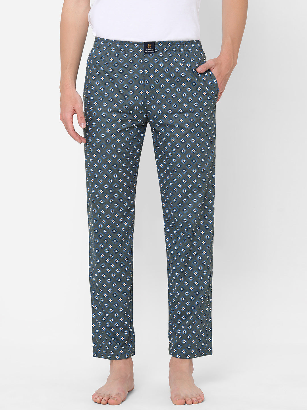 Men's Geometric Print, Blue, Cotton, Regular Fit, Elasticated, Waistband, Pyjama  With Side Pockets