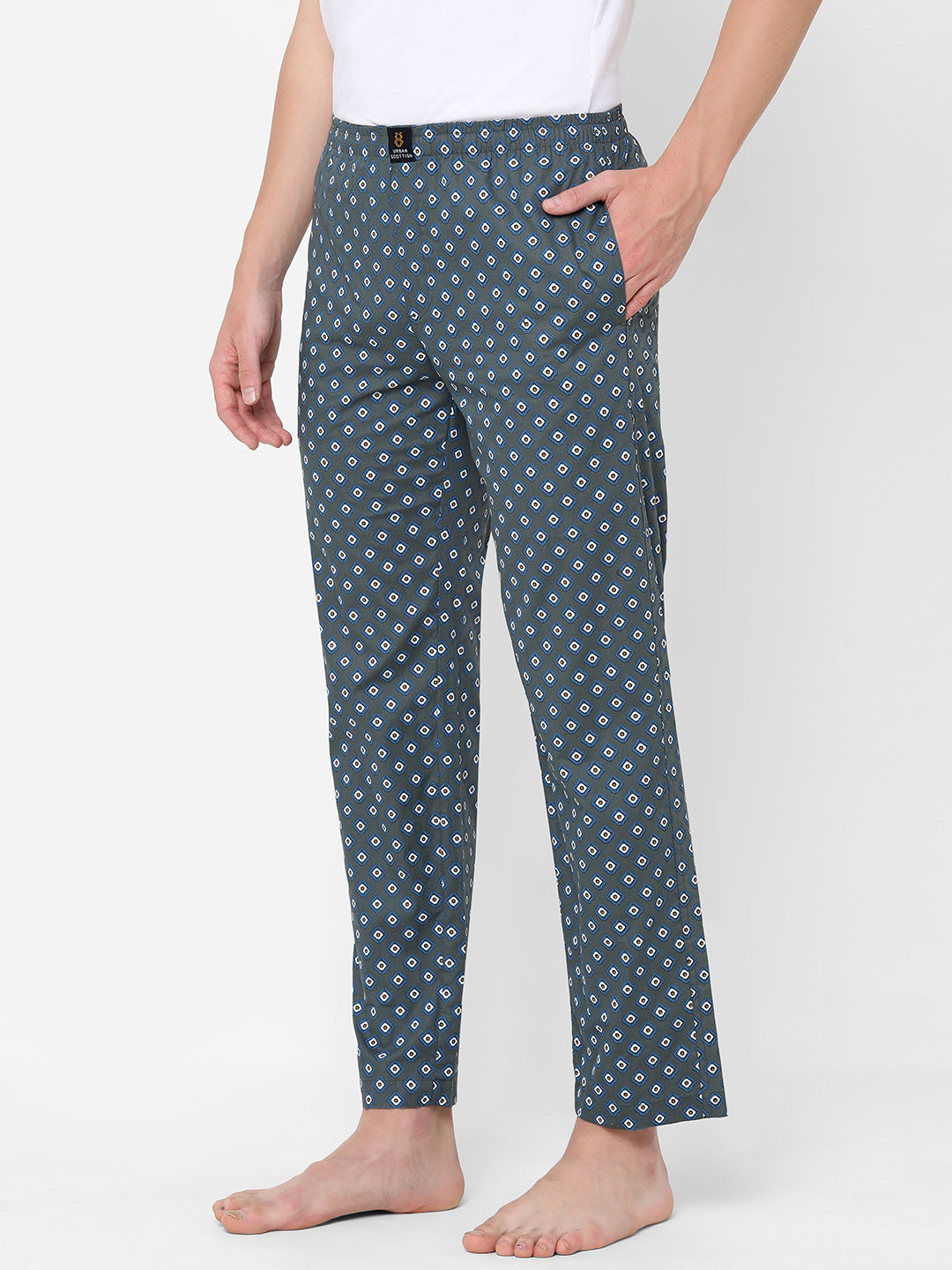 Men's Geometric Print, Blue, Cotton, Regular Fit, Elasticated, Waistband, Pyjama  With Side Pockets