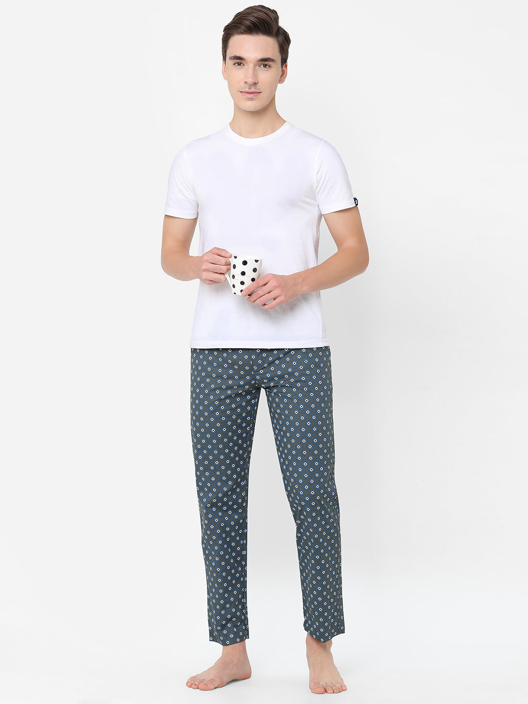 Men's Geometric Print, Blue, Cotton, Regular Fit, Elasticated, Waistband, Pyjama  With Side Pockets